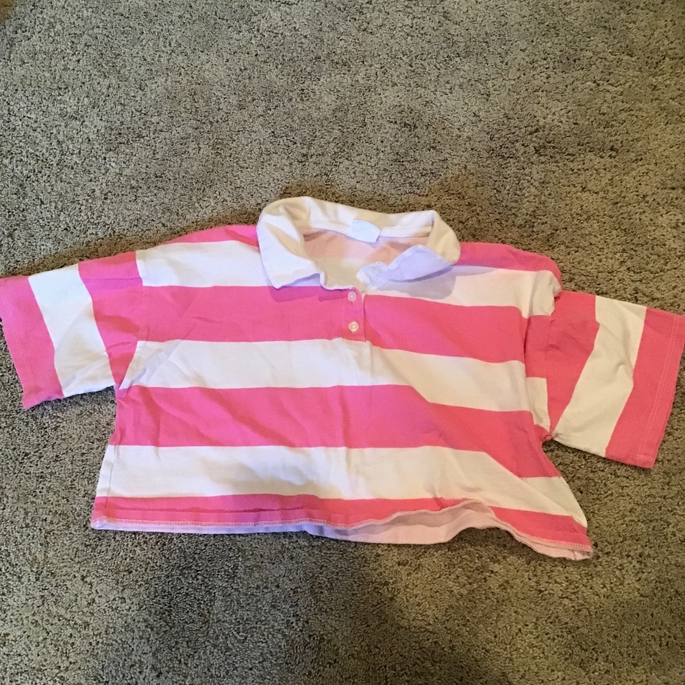 Pink and white striped cropped polo